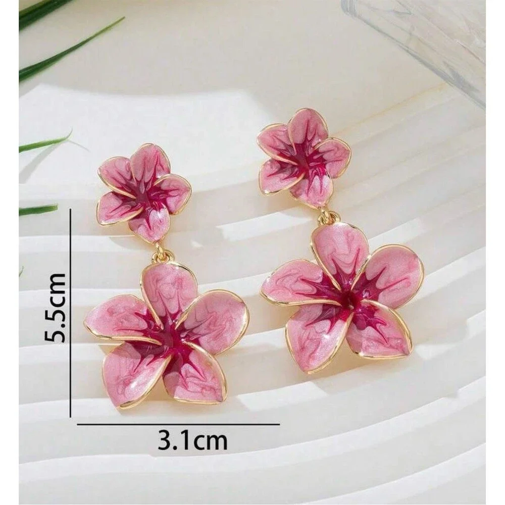 Pink Floral Double Flower Dangle Drop Statement 5.5cm